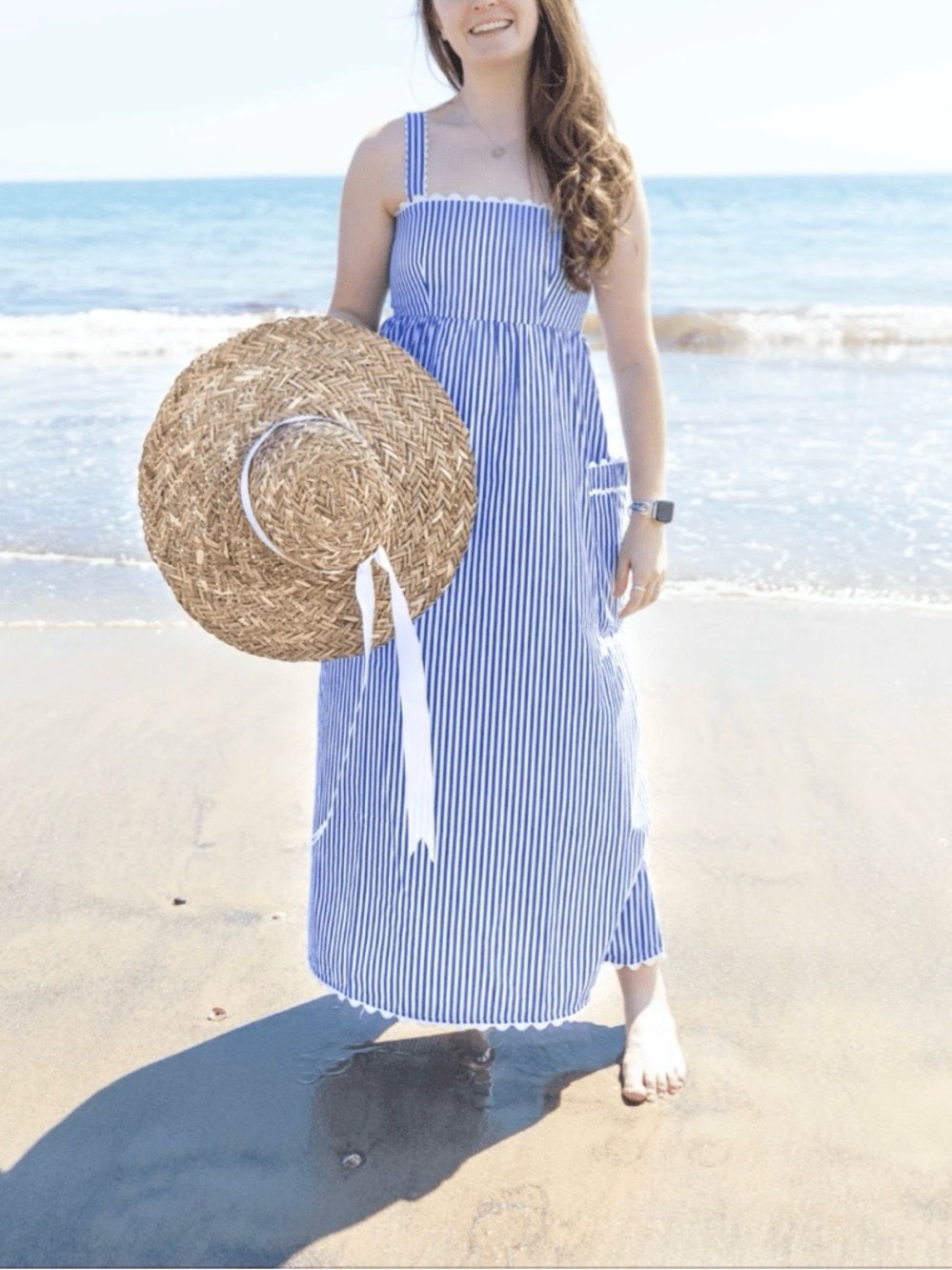 Tuckernuck 100% Cotton Blue White Striped Smocked Maxi Dress Coastal Boho XL